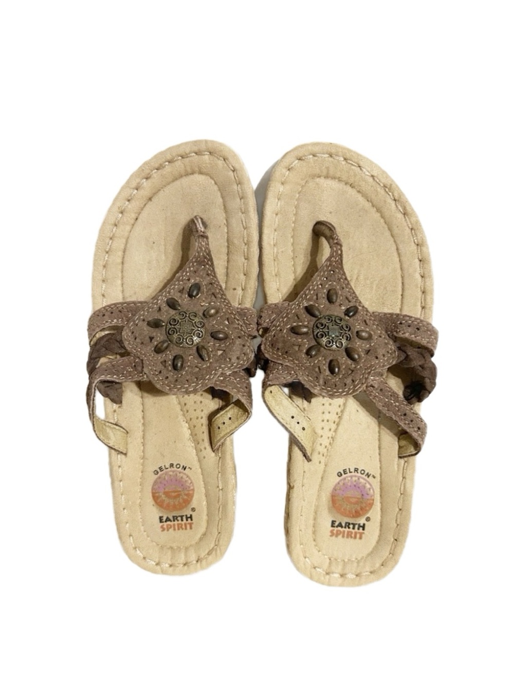 Earth Spirit Tan Thong Sandals Metal Medallion Narrow Side Straps Braid Slip-On